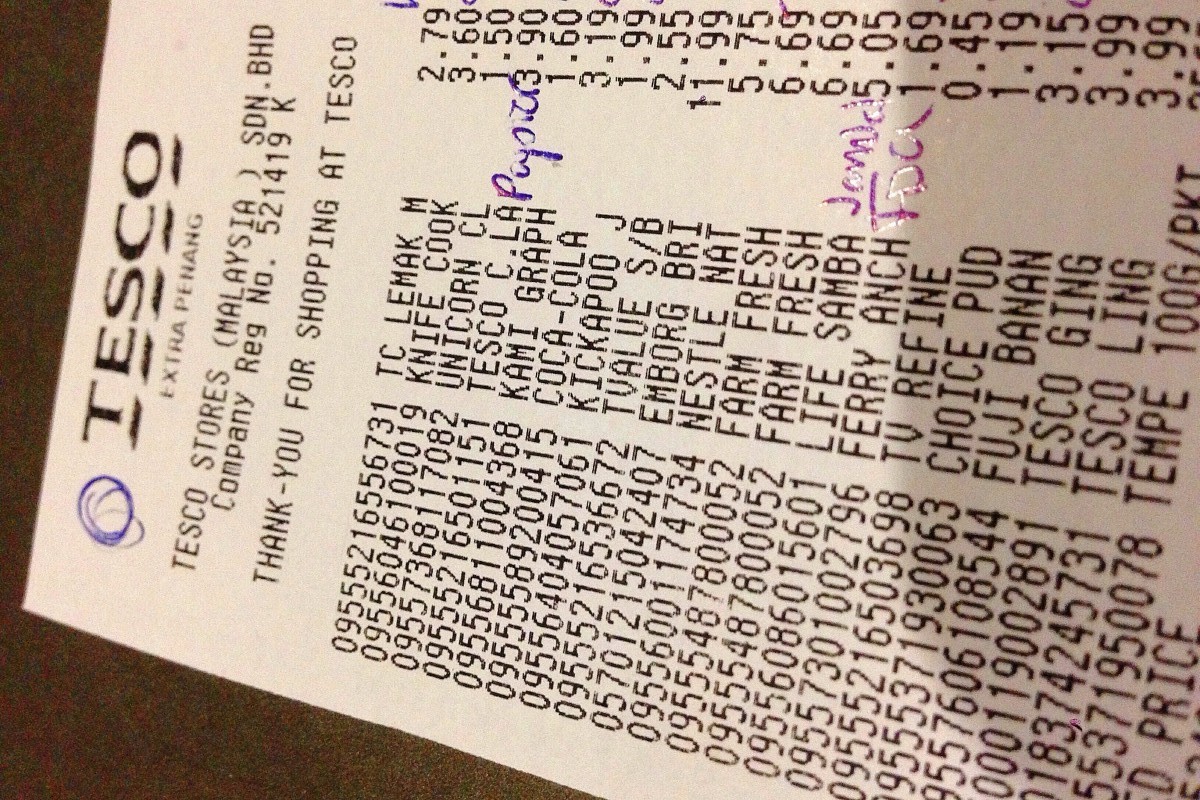 Shopping Receipt Tesco Supermarket in Georgetown on Penang, Malaysia